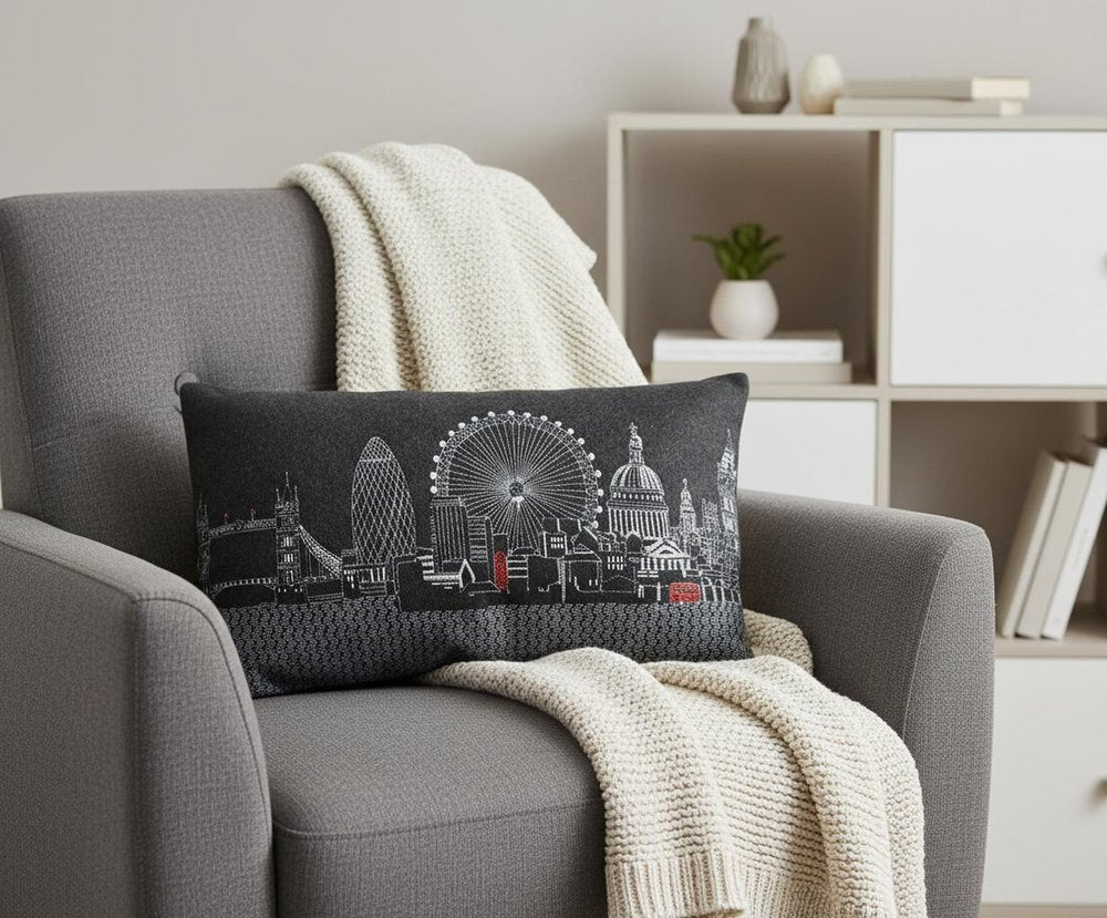 14" X 24" Dark Gray And White London Nighttime Skyline Lumbar Decorative Pillow — view 1