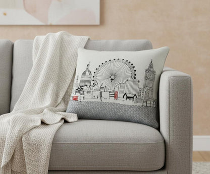 14" X 24" Dark Gray And White London Nighttime Skyline Lumbar Decorative Pillow HomeRoots