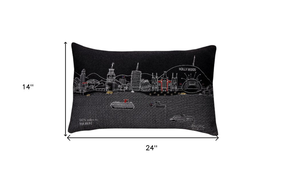 14" X 24" Dark Gray And White Los Angeles Nighttime Skyline Lumbar Decorative Pillow — view 4
