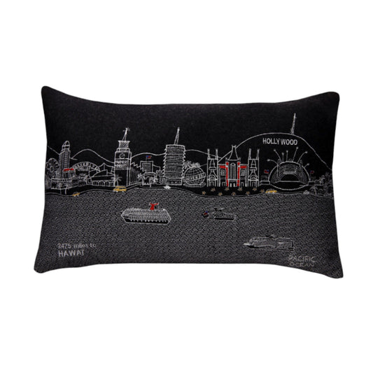 25" Black Los Angeles Nighttime Skyline Lumbar Decorative Pillow FurniFindUSA