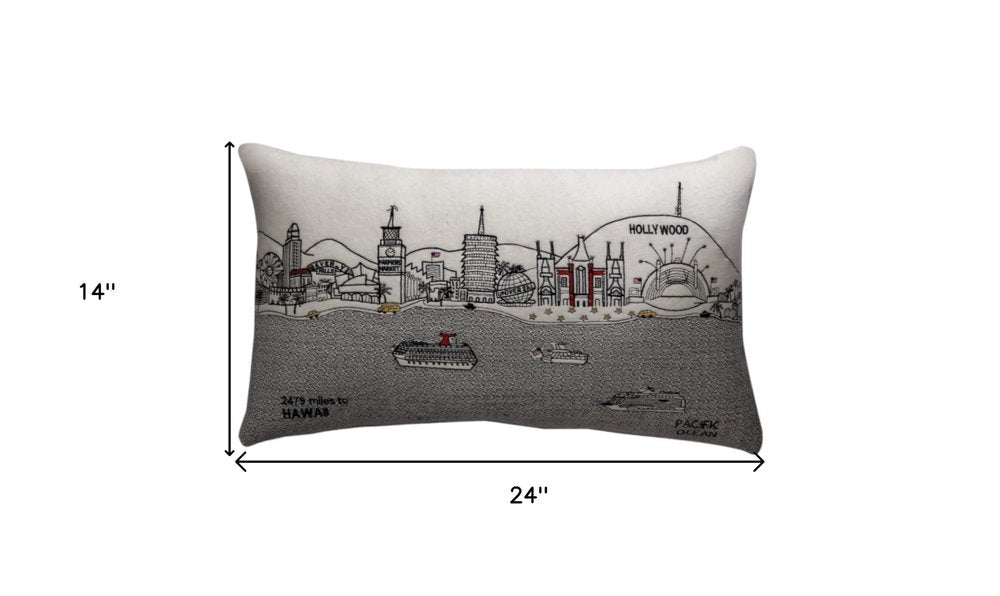 14" X 24" Dark Gray And White Los Angeles Nighttime Skyline Lumbar Decorative Pillow HomeRoots
