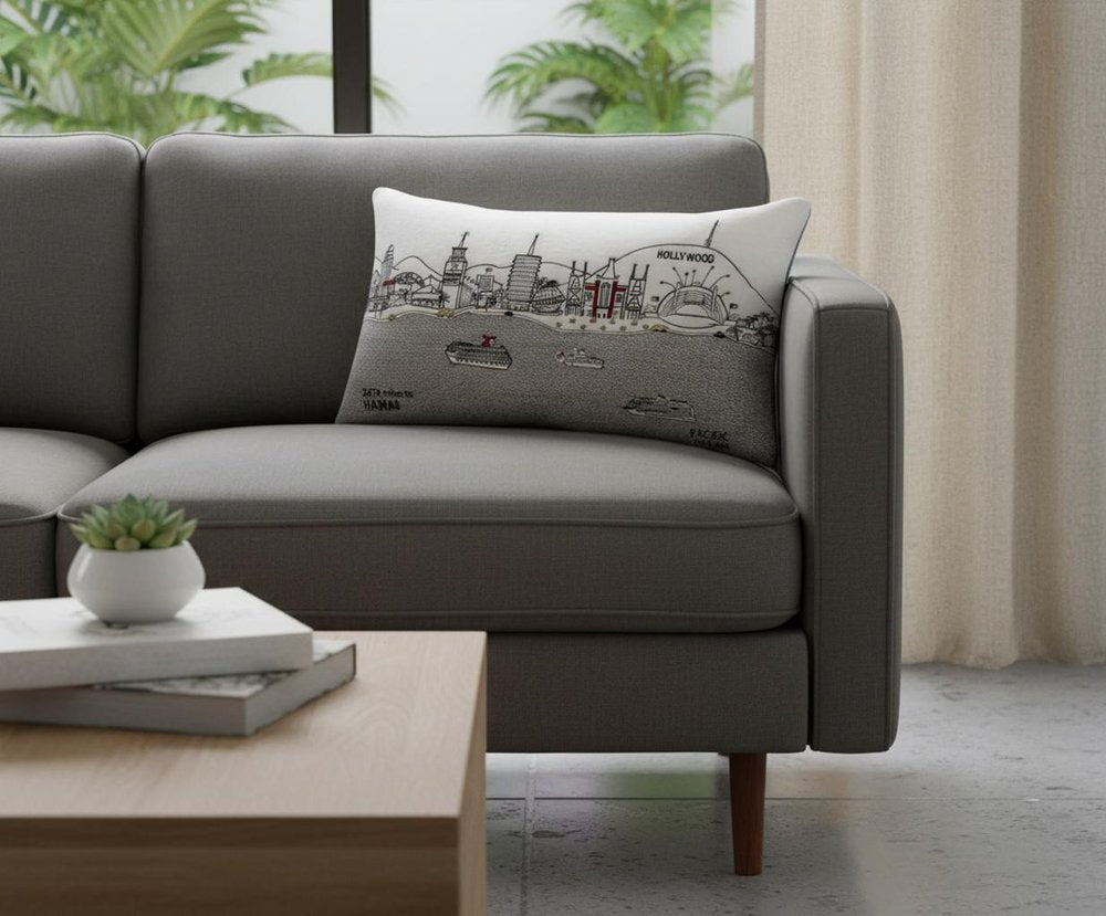 14" X 24" Dark Gray And White Los Angeles Nighttime Skyline Lumbar Decorative Pillow HomeRoots