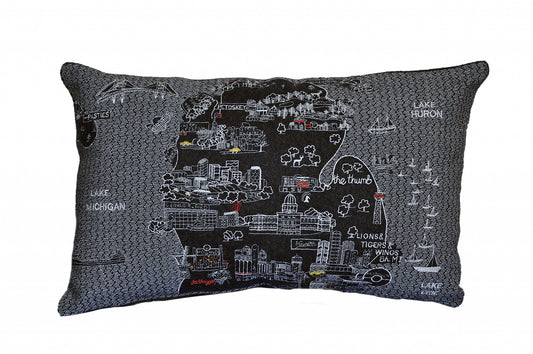 25" Black Michigan Lower Peninsula Nighttime Skyline Lumbar Decorative Pillow FurniFindUSA