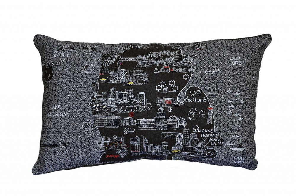 14" X 24" Dark Gray And White Michigan Lower Peninsula Nighttime Skyline Lumbar Decorative Pillow — view 2