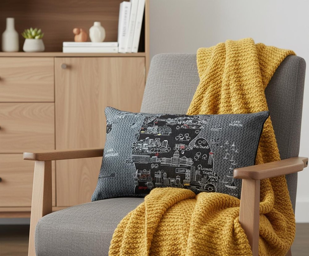 14" X 24" Dark Gray And White Michigan Lower Peninsula Nighttime Skyline Lumbar Decorative Pillow HomeRoots