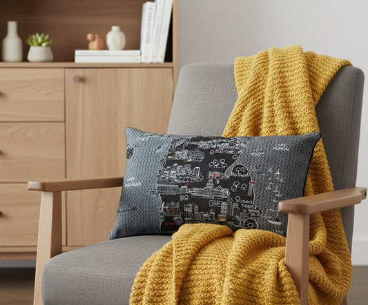 14" X 24" Dark Gray And White Michigan Lower Peninsula Nighttime Skyline Lumbar Decorative Pillow