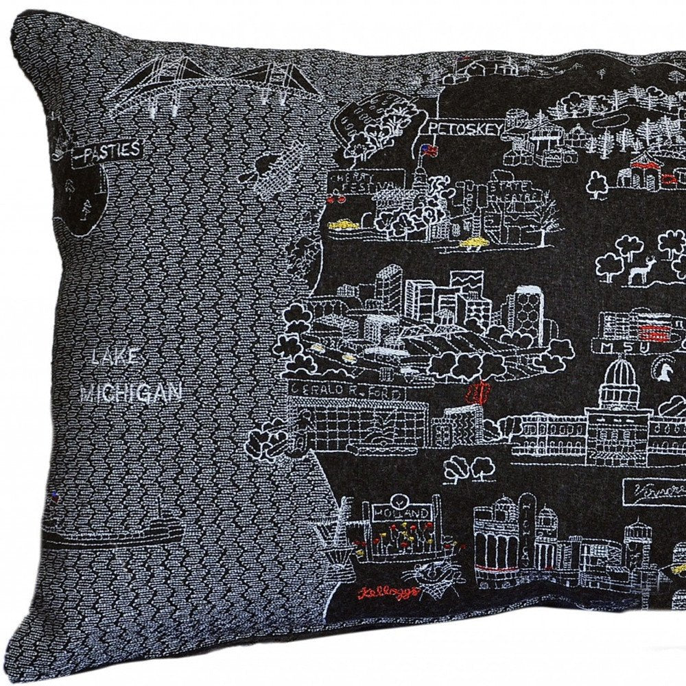 14" X 24" Dark Gray And White Michigan Lower Peninsula Nighttime Skyline Lumbar Decorative Pillow — view 3