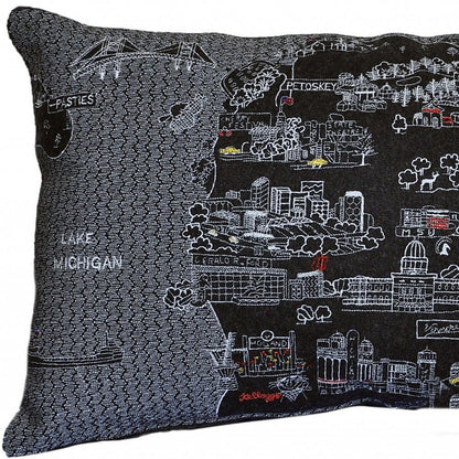 14" X 24" Dark Gray And White Michigan Lower Peninsula Nighttime Skyline Lumbar Decorative Pillow HomeRoots