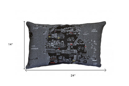25" Black Michigan Lower Peninsula Nighttime Skyline Lumbar Decorative Pillow FurniFindUSA