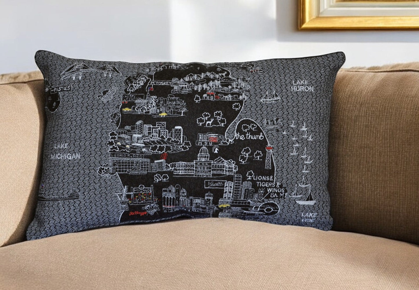 25" Black Michigan Lower Peninsula Nighttime Skyline Lumbar Decorative Pillow FurniFindUSA
