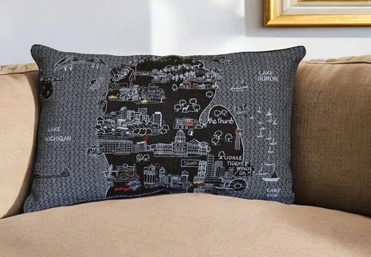 25" Black Michigan Lower Peninsula Nighttime Skyline Lumbar Decorative Pillow FurniFindUSA