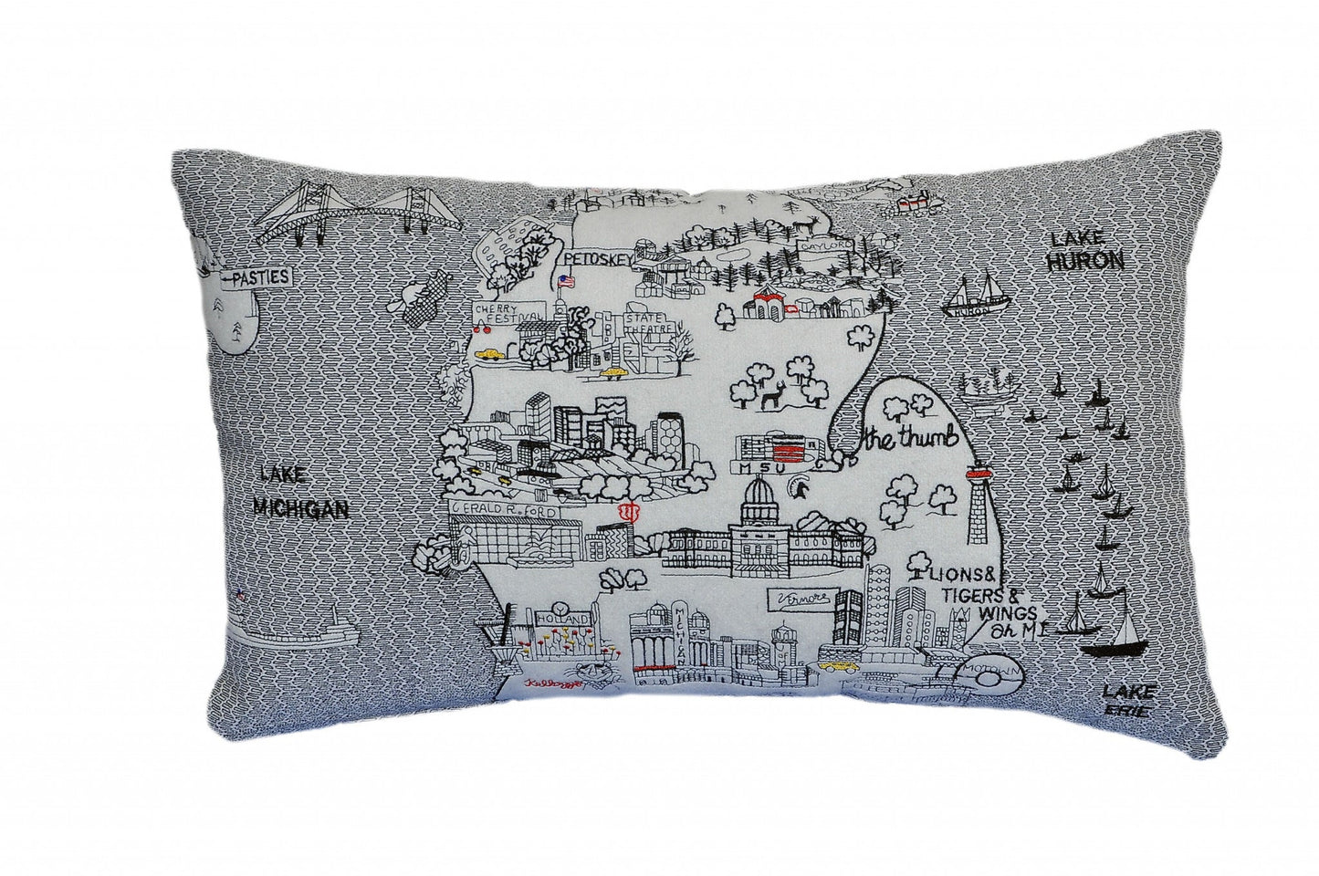25" White Michigan Lower Peninsula Daylight Skyline Lumbar Decorative Pillow FurniFindUSA