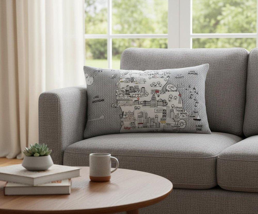14" X 24" Dark Gray And White Michigan Lower Peninsula Nighttime Skyline Lumbar Decorative Pillow HomeRoots