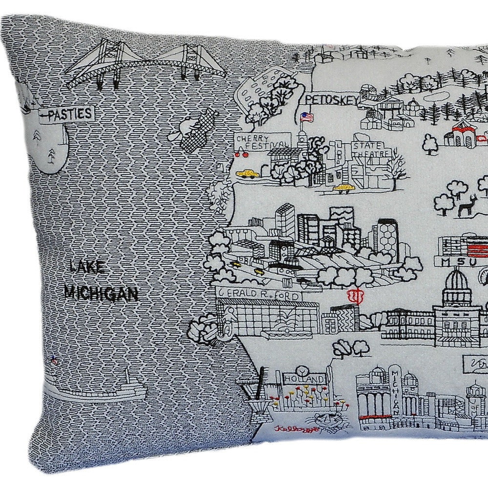 25" White Michigan Lower Peninsula Daylight Skyline Lumbar Decorative Pillow FurniFindUSA