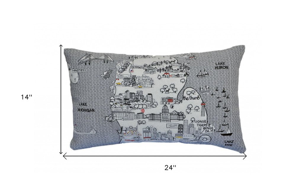 14" X 24" Dark Gray And White Michigan Lower Peninsula Nighttime Skyline Lumbar Decorative Pillow HomeRoots