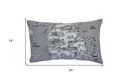 14" X 24" Dark Gray And White Michigan Lower Peninsula Nighttime Skyline Lumbar Decorative Pillow HomeRoots