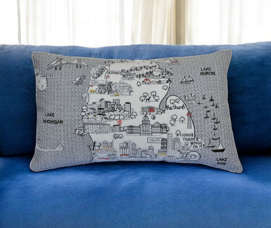 25" White Michigan Lower Peninsula Daylight Skyline Lumbar Decorative Pillow FurniFindUSA