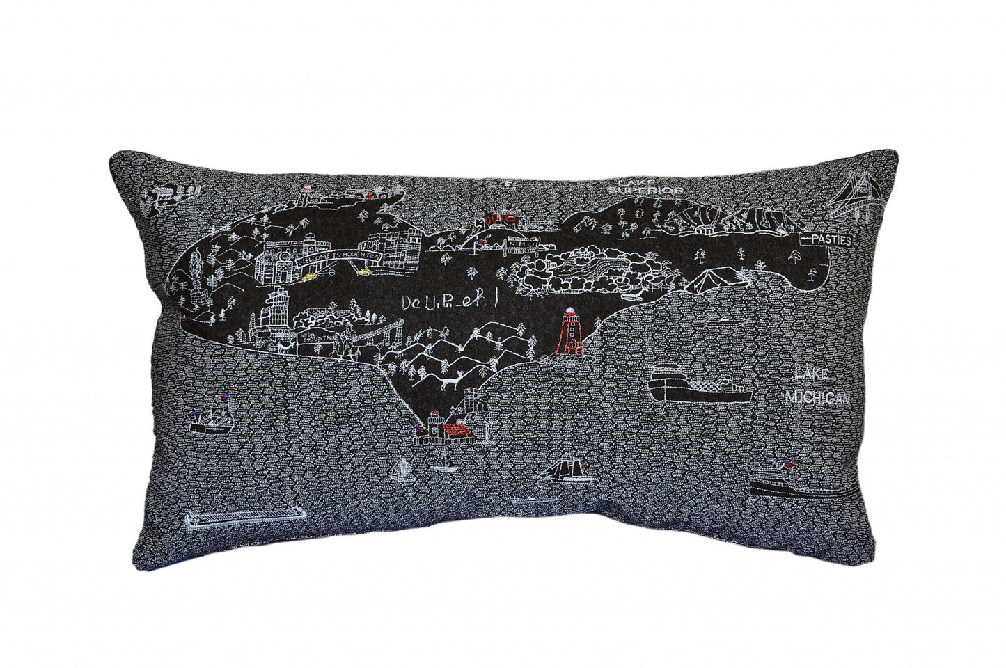25" Black Michigan Upper Peninsula Nighttime Skyline Lumbar Decorative Pillow FurniFindUSA