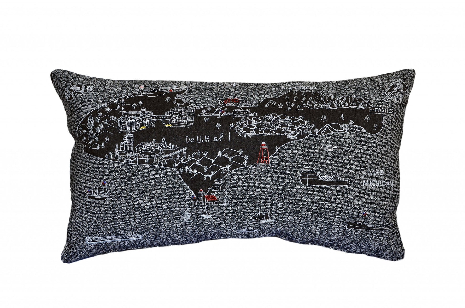 25" Black Michigan Upper Peninsula Nighttime Skyline Lumbar Decorative Pillow FurniFindUSA