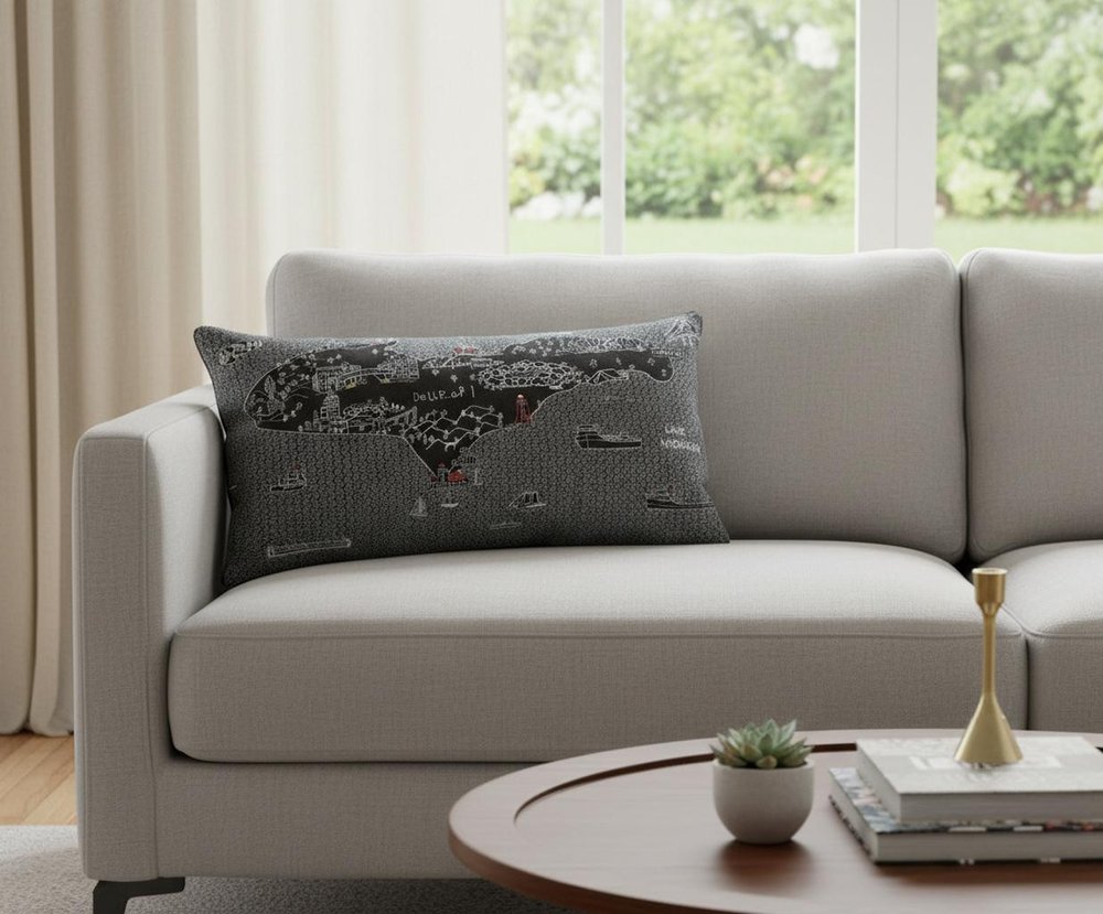 14" X 24" Dark Gray And White Michigan Upper Peninsula Nighttime Skyline Lumbar Decorative Pillow HomeRoots