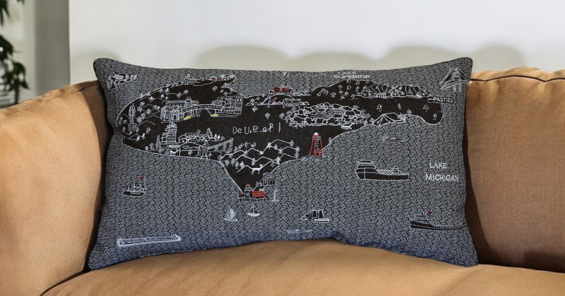 25" Black Michigan Upper Peninsula Nighttime Skyline Lumbar Decorative Pillow FurniFindUSA