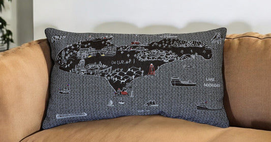 25" Black Michigan Upper Peninsula Nighttime Skyline Lumbar Decorative Pillow FurniFindUSA
