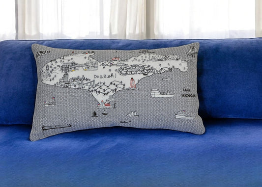 25" White Michigan Upper Peninsula Daylight Skyline Lumbar Decorative Pillow FurniFindUSA