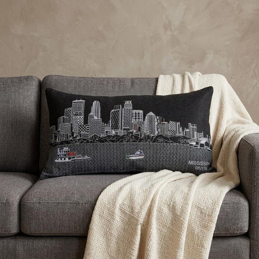 14" X 24" Dark Gray And White Minneapolis Nighttime Skyline Lumbar Decorative Pillow