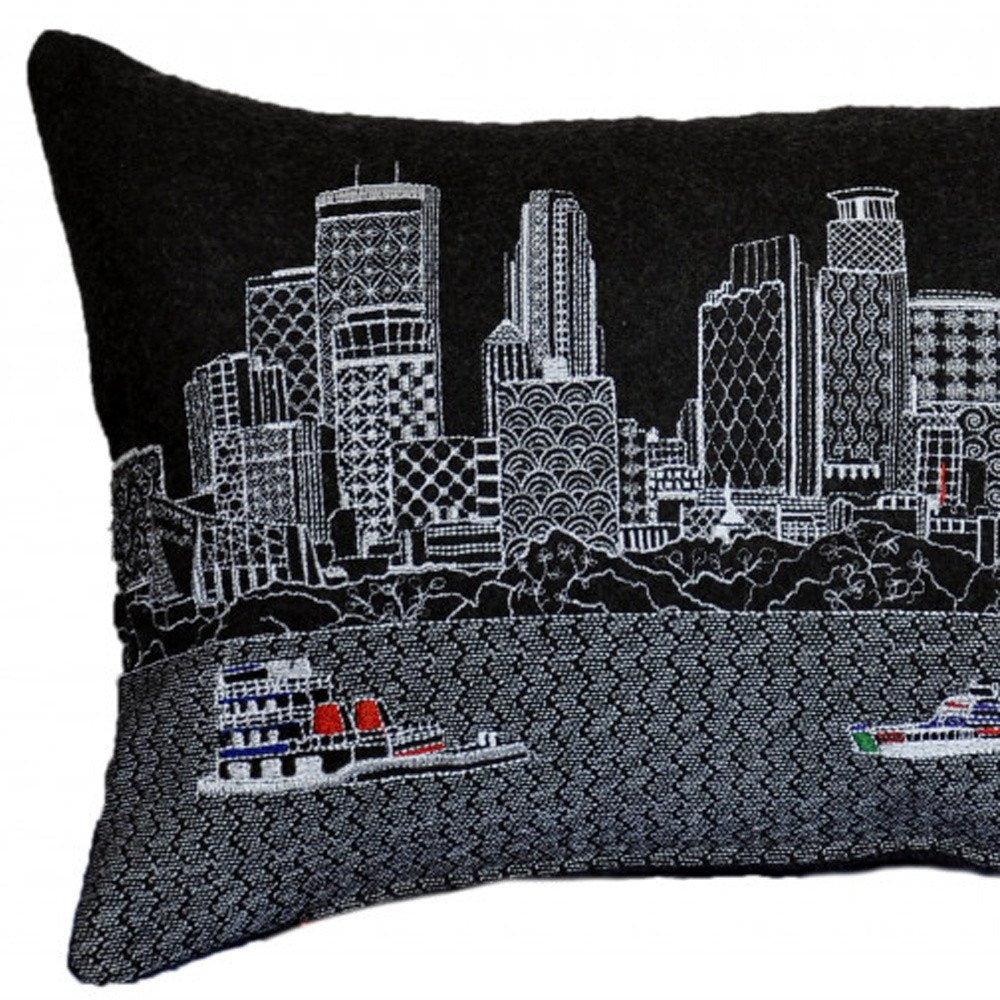 14" X 24" Dark Gray And White Minneapolis Nighttime Skyline Lumbar Decorative Pillow HomeRoots