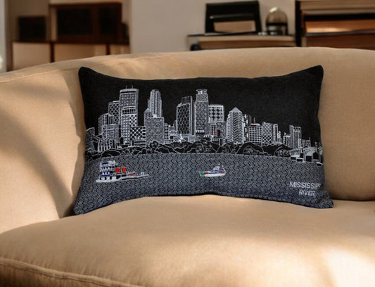 25" Black Minneapolis Nighttime Skyline Lumbar Decorative Pillow FurniFindUSA