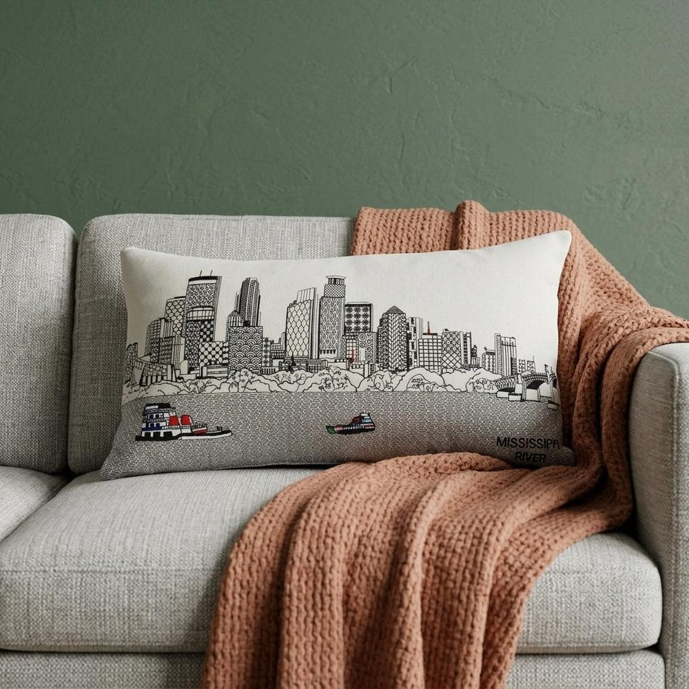 14" X 24" Dark Gray And White Minneapolis Nighttime Skyline Lumbar Decorative Pillow HomeRoots