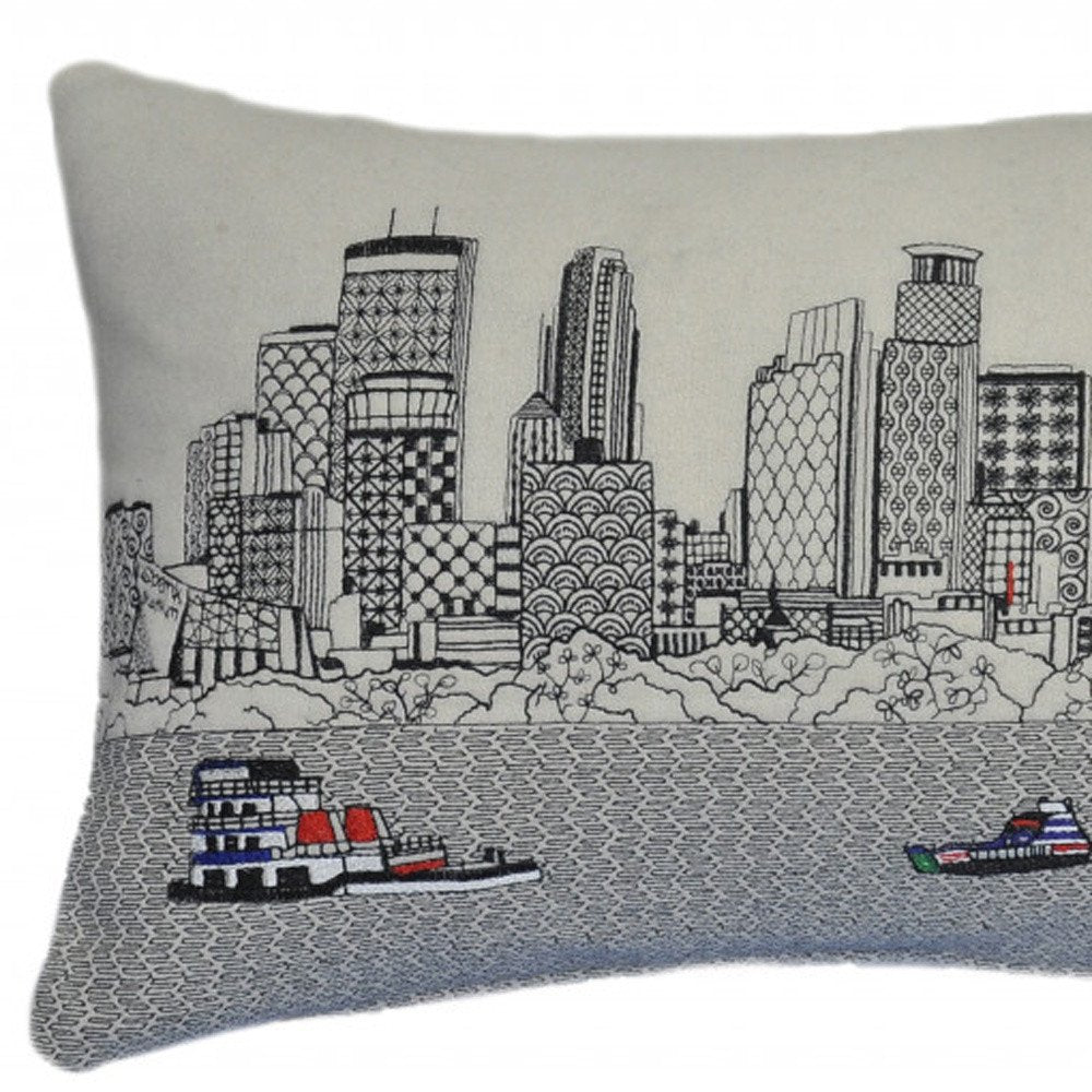14" X 24" Dark Gray And White Minneapolis Nighttime Skyline Lumbar Decorative Pillow HomeRoots