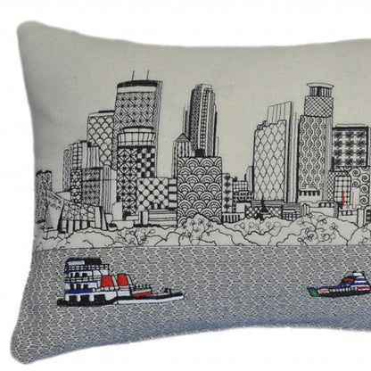 14" X 24" Dark Gray And White Minneapolis Nighttime Skyline Lumbar Decorative Pillow HomeRoots