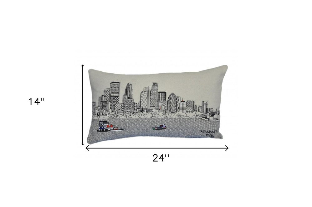 14" X 24" Dark Gray And White Minneapolis Nighttime Skyline Lumbar Decorative Pillow HomeRoots