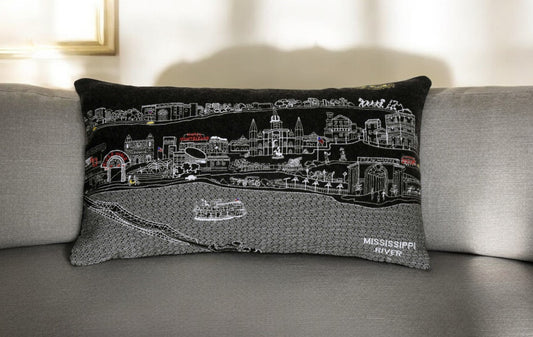 25" Black New Orleans Nighttime Skyline Lumbar Decorative Pillow FurniFindUSA