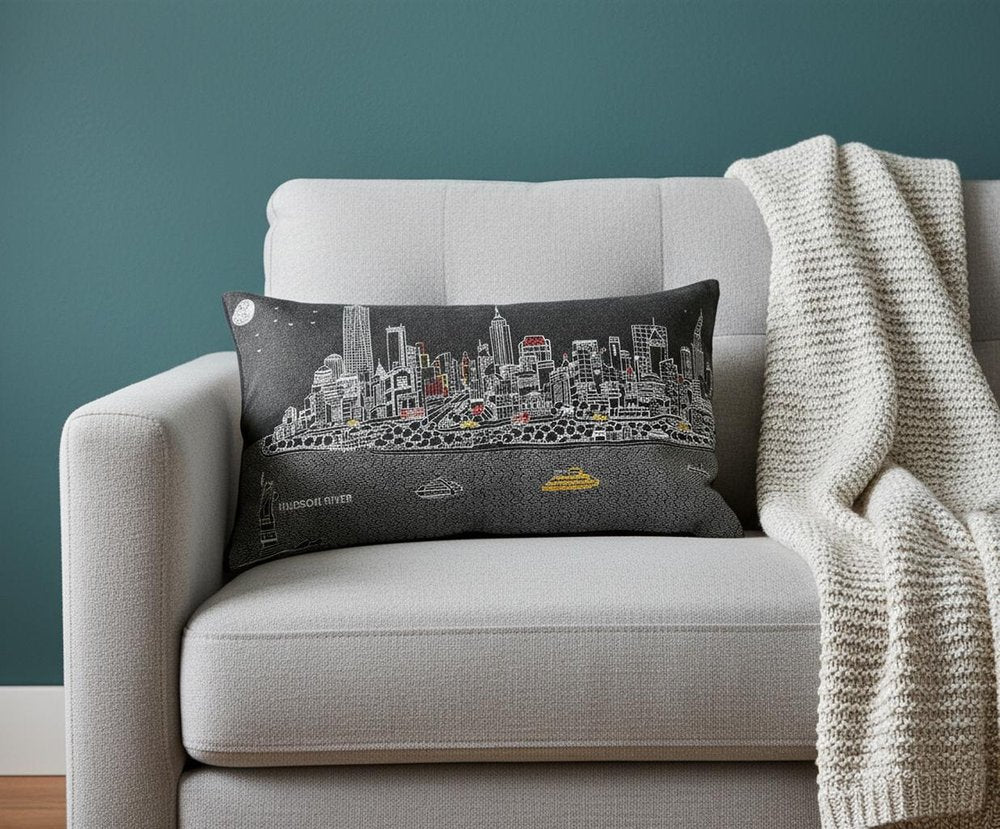 14" X 24" Dark Gray And White NYC Nighttime Skyline Lumbar Decorative Pillow HomeRoots