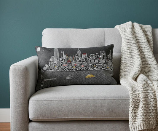 14" X 24" Dark Gray And White NYC Nighttime Skyline Lumbar Decorative Pillow