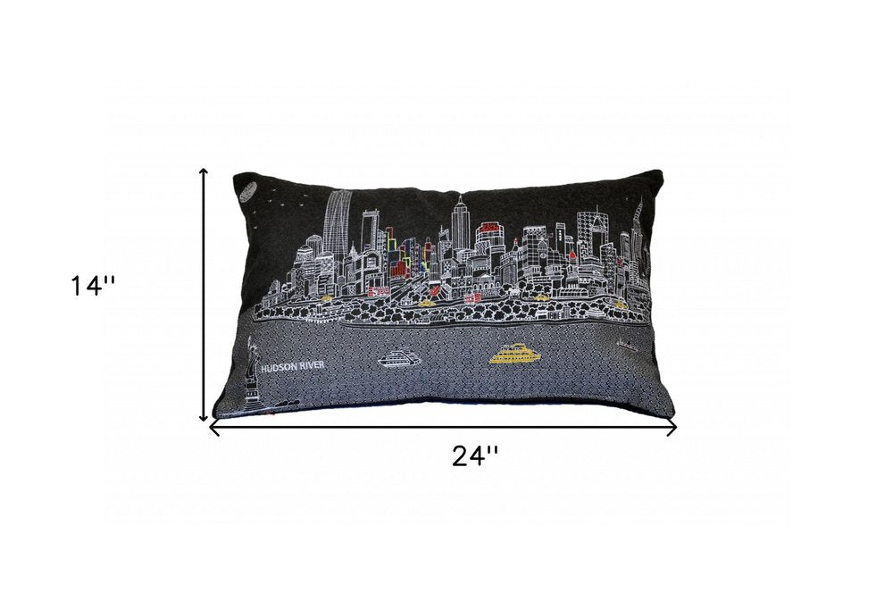 14" X 24" Dark Gray And White NYC Nighttime Skyline Lumbar Decorative Pillow HomeRoots