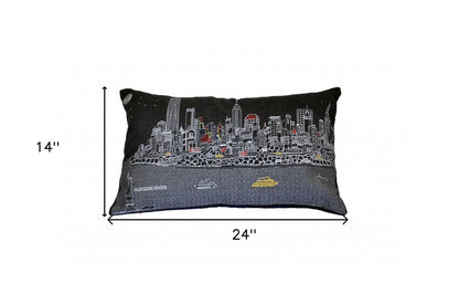 14" X 24" Dark Gray And White NYC Nighttime Skyline Lumbar Decorative Pillow HomeRoots