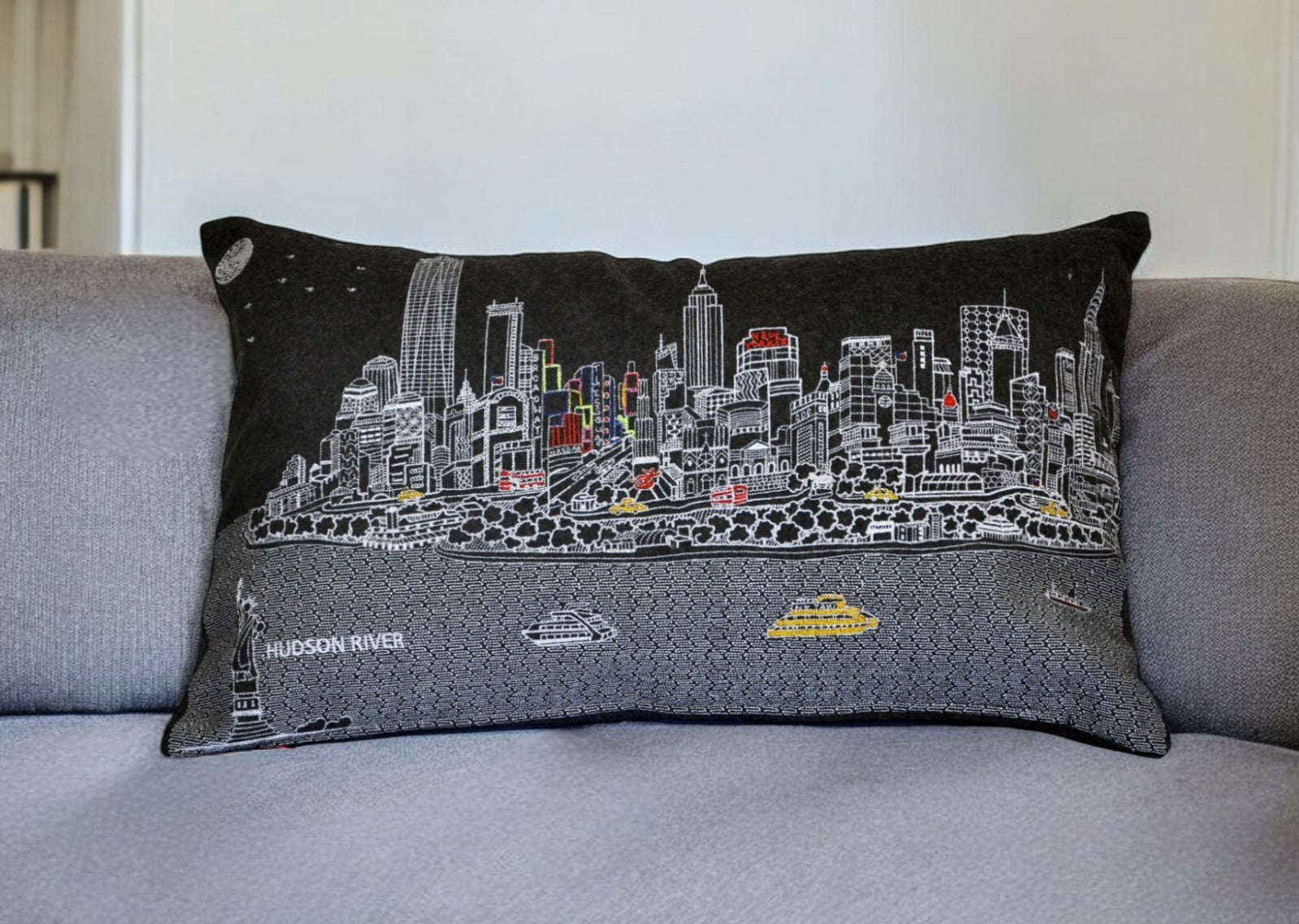 25" Black NYC Nighttime Skyline Lumbar Decorative Pillow FurniFindUSA