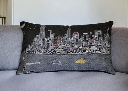 25" Black NYC Nighttime Skyline Lumbar Decorative Pillow FurniFindUSA