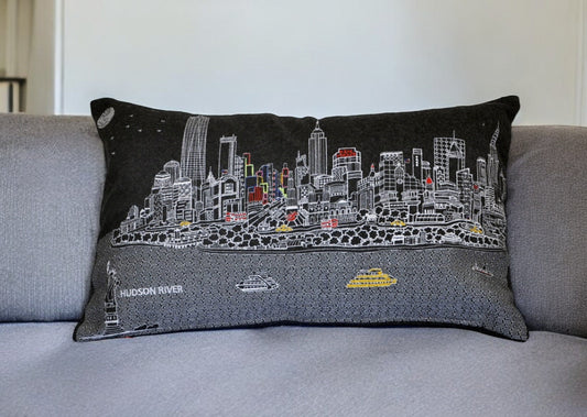 25" Black NYC Nighttime Skyline Lumbar Decorative Pillow FurniFindUSA