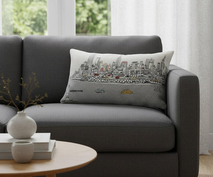 14" X 24" Dark Gray And White NYC Nighttime Skyline Lumbar Decorative Pillow HomeRoots