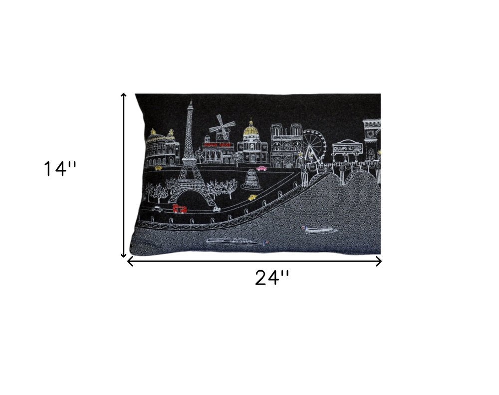 14" X 24" Dark Gray And White Paris Nighttime Skyline Lumbar Decorative Pillow HomeRoots