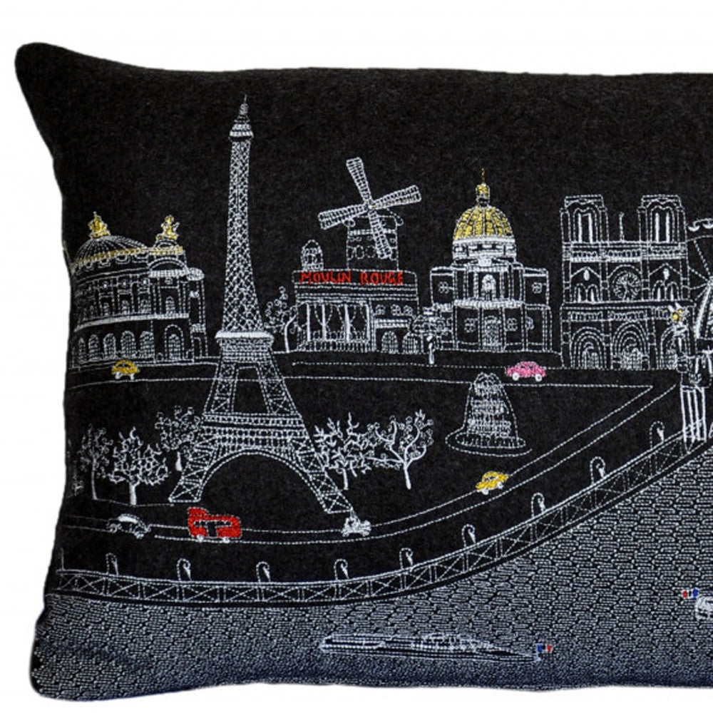 25" Black Paris Nighttime Skyline Standard Lumbar Decorative Pillow FurniFindUSA