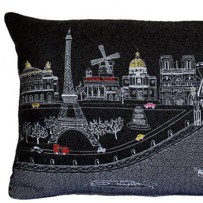 25" Black Paris Nighttime Skyline Standard Lumbar Decorative Pillow FurniFindUSA
