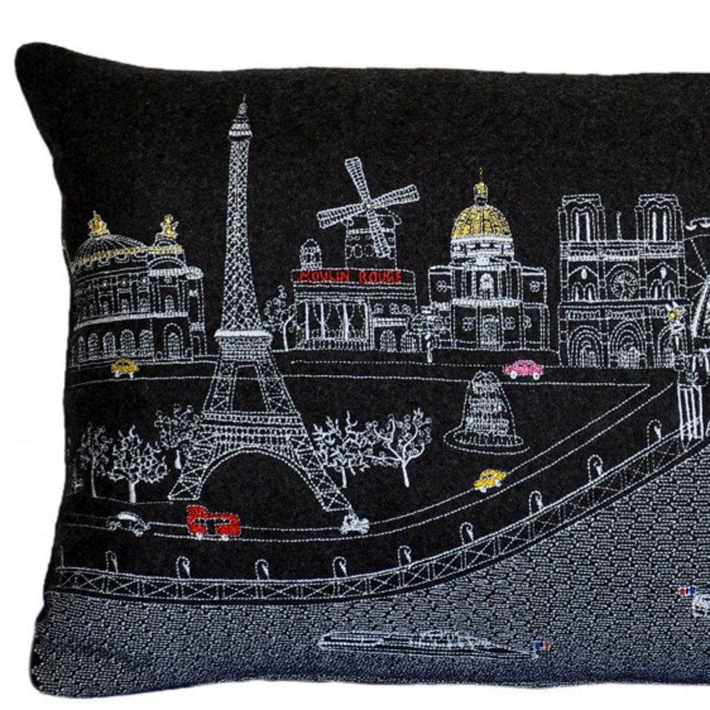 14" X 24" Dark Gray And White Paris Nighttime Skyline Lumbar Decorative Pillow HomeRoots