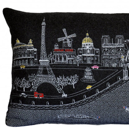 14" X 24" Dark Gray And White Paris Nighttime Skyline Lumbar Decorative Pillow HomeRoots