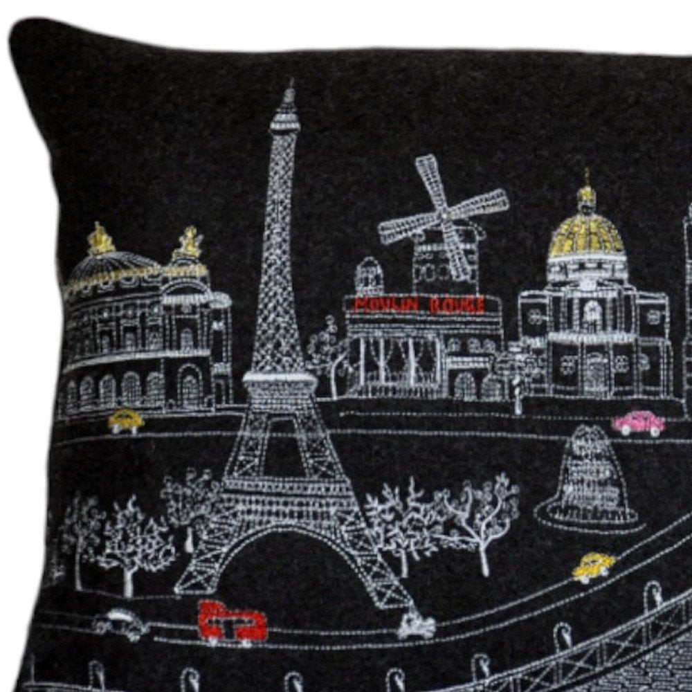 14" X 24" Dark Gray And White Paris Nighttime Skyline Lumbar Decorative Pillow HomeRoots