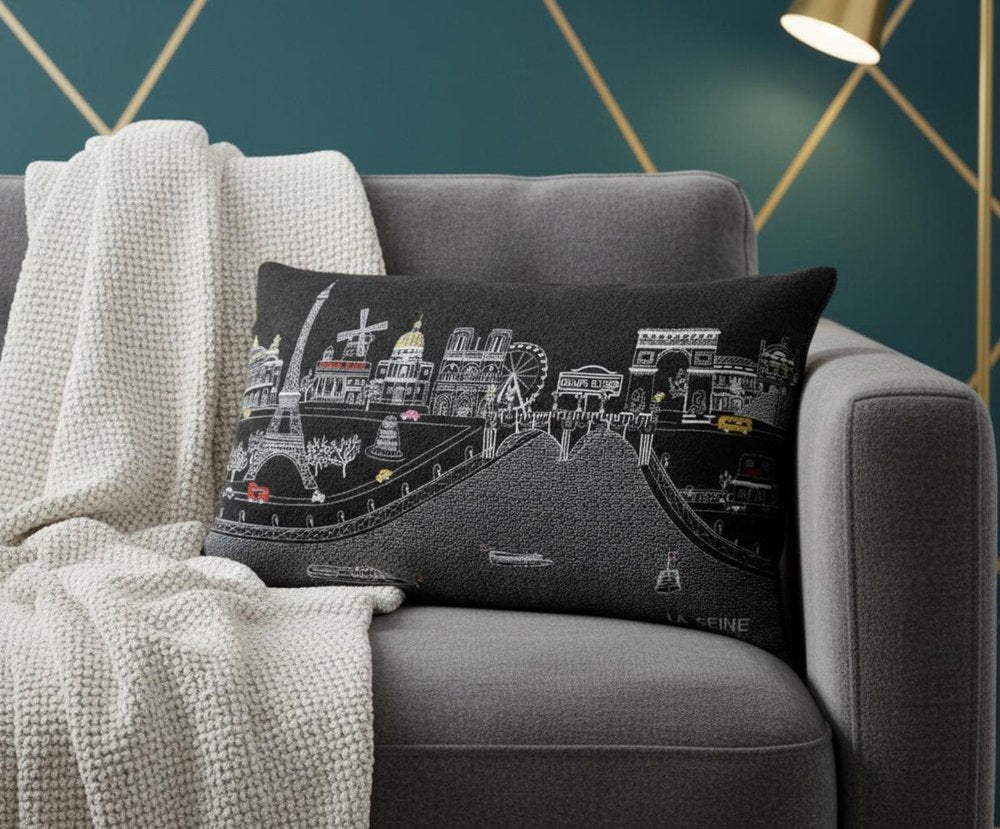 14" X 24" Dark Gray And White Paris Nighttime Skyline Lumbar Decorative Pillow HomeRoots